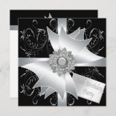 白黒ダイヤモンドボウ女性60thバースデーパーティー 招待状 (正面/裏面)