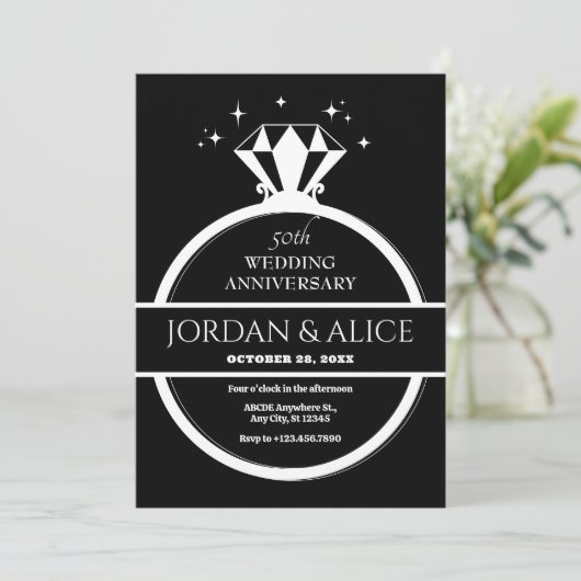 白黒ダイヤモンドリング結婚の記念日 招待状 (スタンド正面)