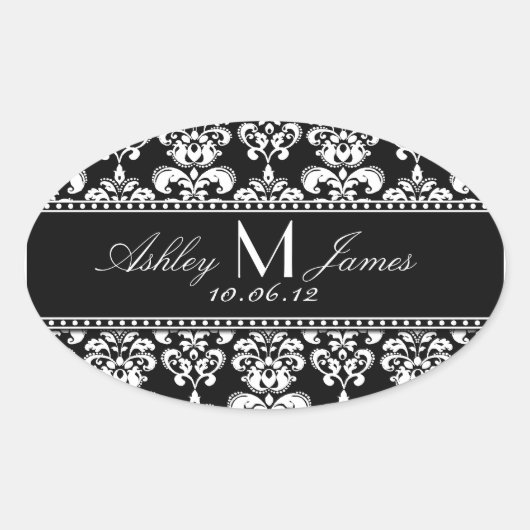 白黒ダマスウェディングワインラベル 楕円形シール (正面)