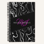 白黒ダマスカス抽象芸術パターンモノグラム ノートブック (正面)