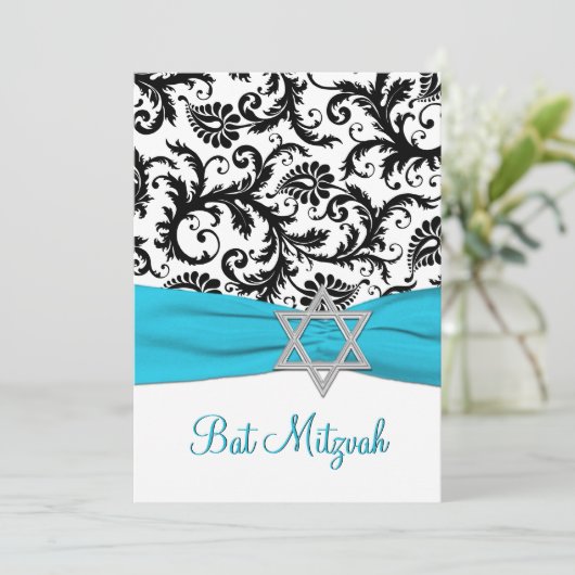 白黒ダマスクとアクアリボンフェイク付き 招待状 (スタンド正面)