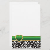 白黒ダマスクとグリーンバンドとハート 便箋 (正面/裏面)