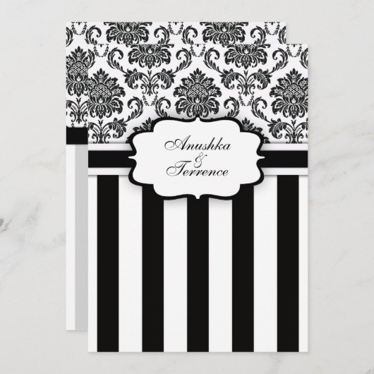 白黒ダマスクとストライプ結婚式招待状 招待状 (正面/裏面)