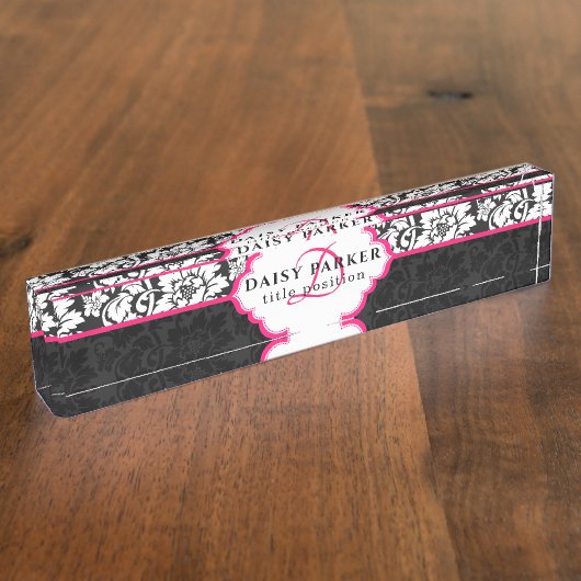 白黒ダマスクとピンクのフレーム デスクネームプレート (側面)