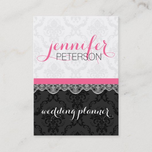 白黒ダマスクとレースのプラ結婚ナー 名刺 (正面)