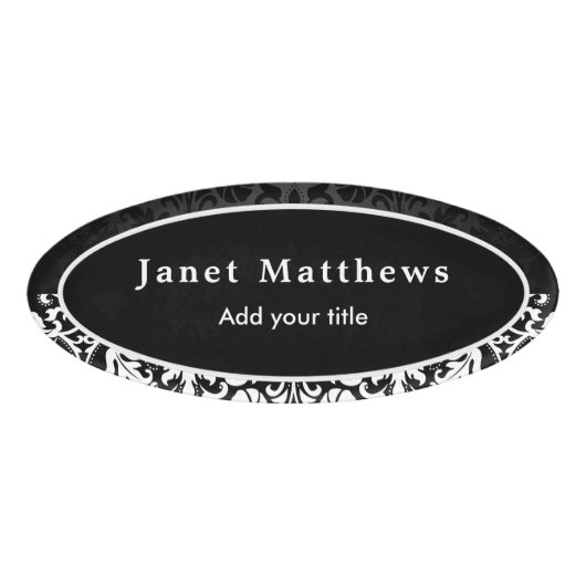 白黒ダマスクと白トリムデザイン 名札 (正面)