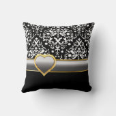 白黒ダマスクと銀のグレーバンドとハート クッション (裏面)