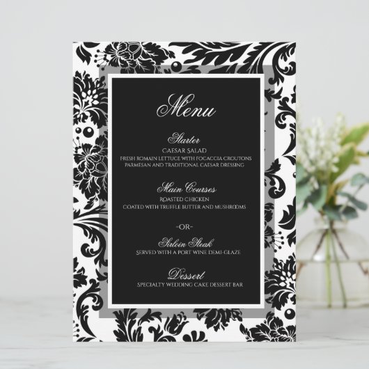 白黒ダマスクのカスタムウェディングフラットメニュー メニュー (スタンド正面)