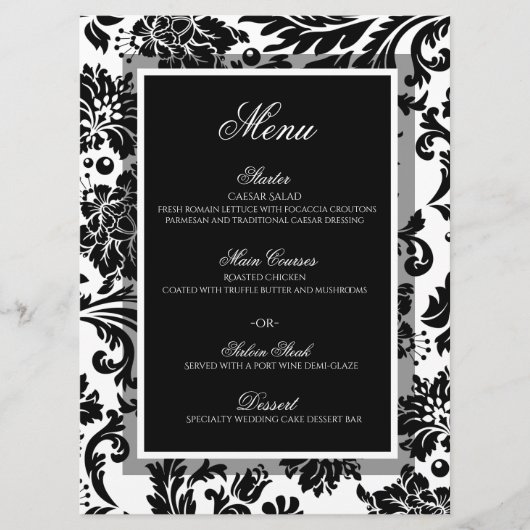 白黒ダマスクのカスタムウェディングフラットメニュー メニュー (正面)