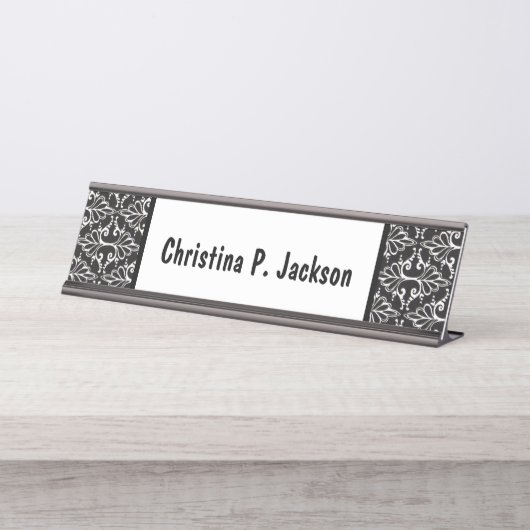 白黒ダマスクのパタファンシーーン デスクネームプレート (正面)