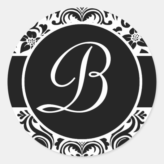 白黒ダマスクのモノグラムの封筒用シール ラウンドシール (正面)