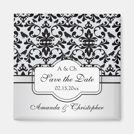 白黒ダマスクの渦巻き旋回、鳥の日付を保存結婚 マグネット (正面)