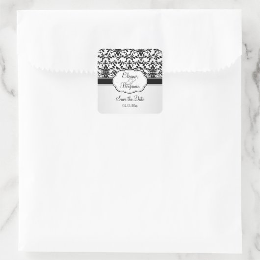 白黒ダマスクの渦巻き旋回、鳥の日付を保存 スクエアシール (バッグ)