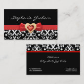 白黒ダマスクの赤い弓と宝石 名刺 (正面/裏面)