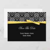 白黒ダマスクイエローリボン日付を保存 案内ポストカード (正面/裏面)