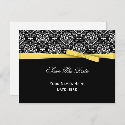 白黒ダマスクイエローリボン日付を保存 案内ポストカード (正面/裏面)