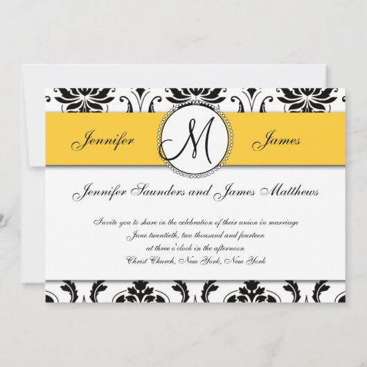 白黒ダマスクイエロー結婚式招待状 招待状 (裏面)