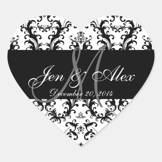 白黒ダマスクウェディングフライトシール ハートシール (正面)