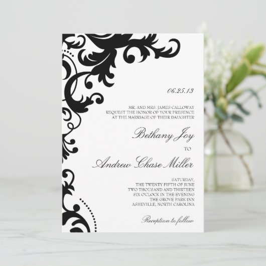 白黒ダマスクエレガントウェディング招待状 招待状 (スタンド正面)