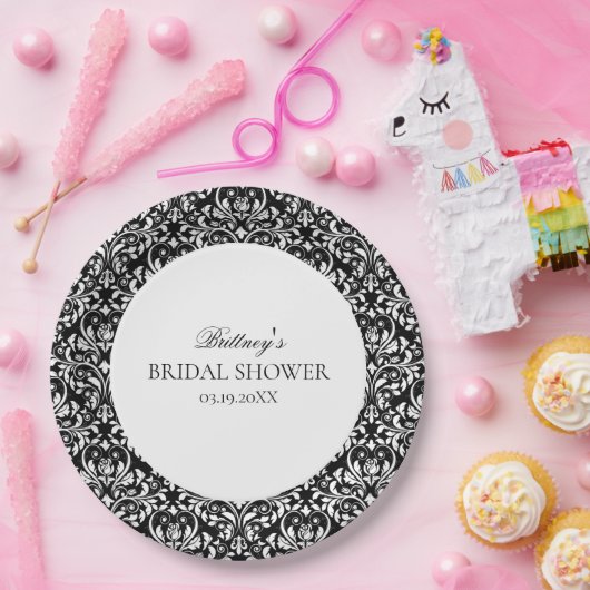 白黒ダマスクエレガントブライダルシャワー ペーパープレート (パーティー)