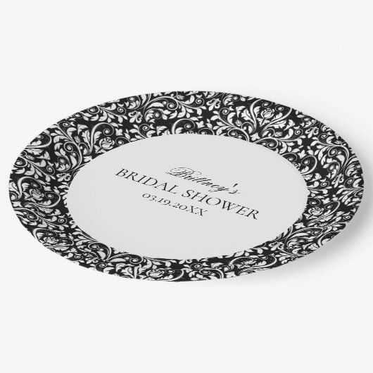 白黒ダマスクエレガントブライダルシャワー ペーパープレート (アングル)