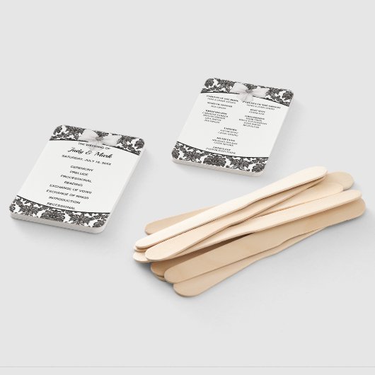 白黒ダマスクエレガント結婚式プログラム ハンドファン (組立なし)