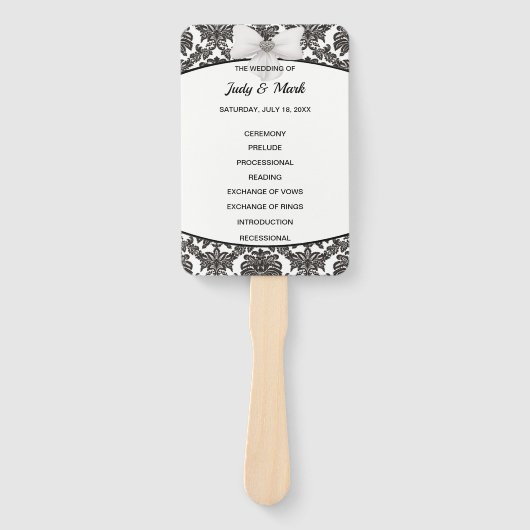 白黒ダマスクエレガント結婚式プログラム ハンドファン (正面)