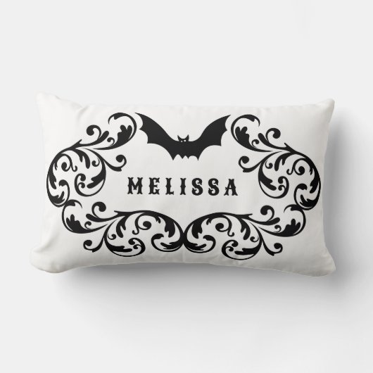 白黒ダマスクグラムこうもり パーソナライズされた ランバークッション (正面)