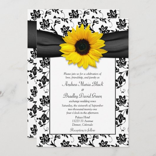 白黒ダマスクサンフラワー結婚式招待状 招待状 (正面/裏面)