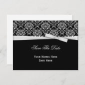 白黒ダマスクシルバーボウリボン日付を保存 案内ポストカード (正面/裏面)