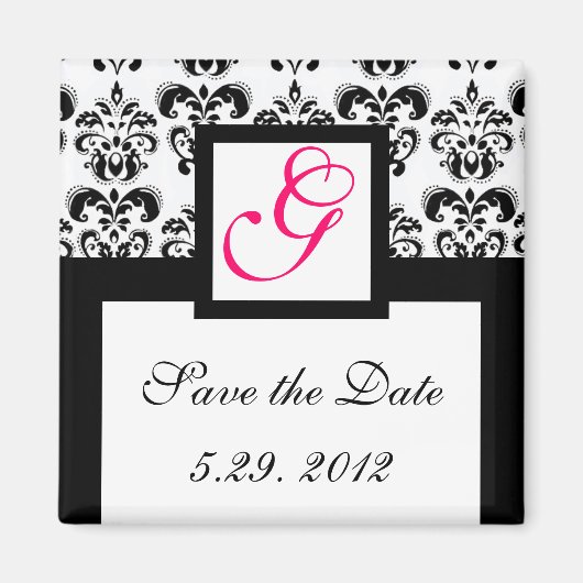白黒ダマスクスクエアモノグラム日付保存 マグネット (正面)