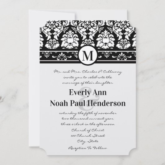 白黒ダマスクスワーズ結婚式招待状 招待状 (正面)