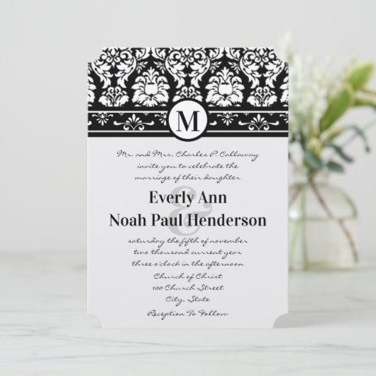 白黒ダマスクスワーズ結婚式招待状 招待状 (スタンド正面)