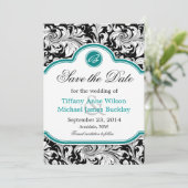 白黒ダマスクターコイズ結婚式の日付を保存 セーブザデート (スタンド正面)