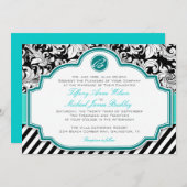白黒ダマスクターコイズ結婚式招待状 招待状 (正面/裏面)
