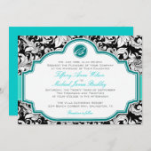 白黒ダマスクターコイズ結婚式招待状 招待状 (正面/裏面)