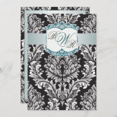 白黒ダマスクティール(緑がかった色)、モノグラ結婚ムズ 招待状 (正面/裏面)