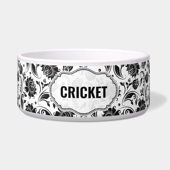 白黒ダマスクパターン名前をカスタムする ボウル (正面)