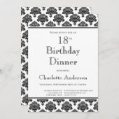 白黒ダマスクパターン18th誕生日ディナー 招待状 (正面/裏面)
