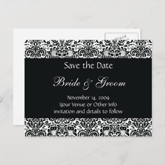 白黒ダマスクパーソナライズされた日付の保存 案内ポストカード (正面/裏面)