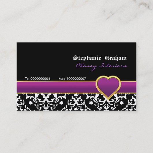 白黒ダマスクパープルハート名刺 名刺 (正面)