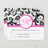 白黒ダマスクピンクトリムRSVP 出欠カード (正面/裏面)