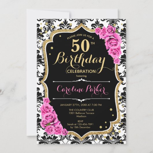 白黒ダマスクピンクローズ写真50誕生日 招待状 (正面)