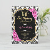 白黒ダマスクピンクローズ写真50誕生日 招待状 (スタンド正面)