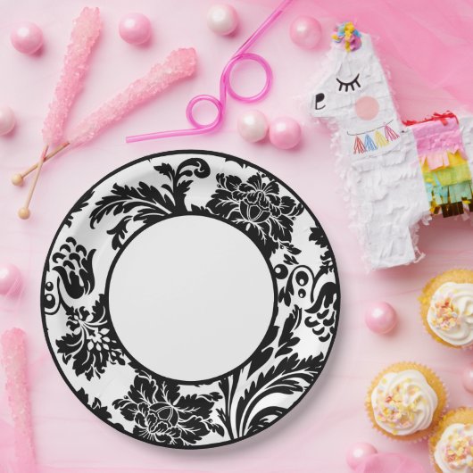 白黒ダマスクフォーマルの結婚紙プレート ペーパープレート (パーティー)