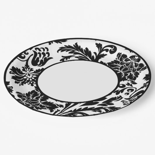 白黒ダマスクフォーマルの結婚紙プレート ペーパープレート (アングル)