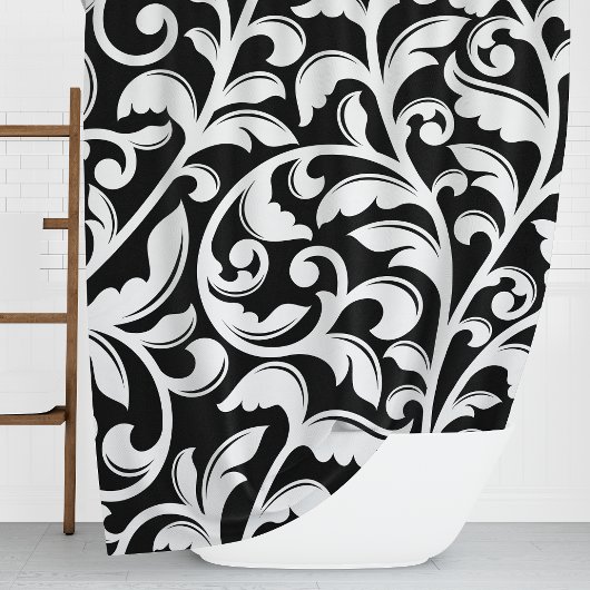 白黒ダマスクフローラつる植物 シャワーカーテン