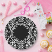 白黒ダマスクフローラの旋回パーソナライズ ペーパープレート (パーティー)