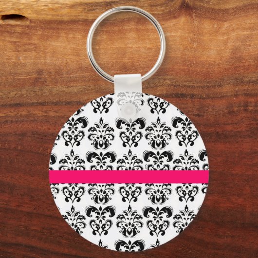 白黒ダマスクフローラピンク明るい赤紫色ストライプ キーホルダー (正面)