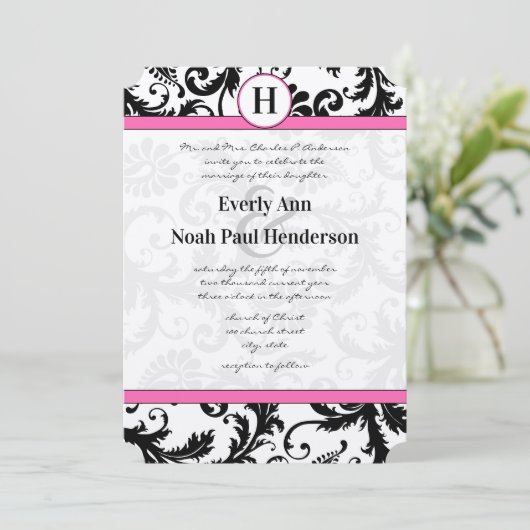 白黒ダマスクフローラピンク矢印トリム 招待状 (スタンド正面)